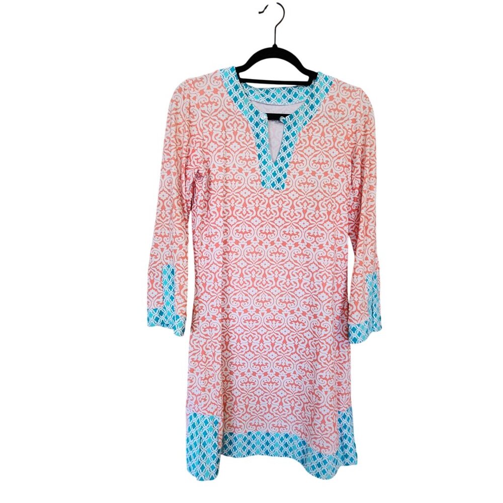 Cabanalife Womens Tunic Dress Coral & Turquoise Pattern SPF 50+ Cotton Blend S